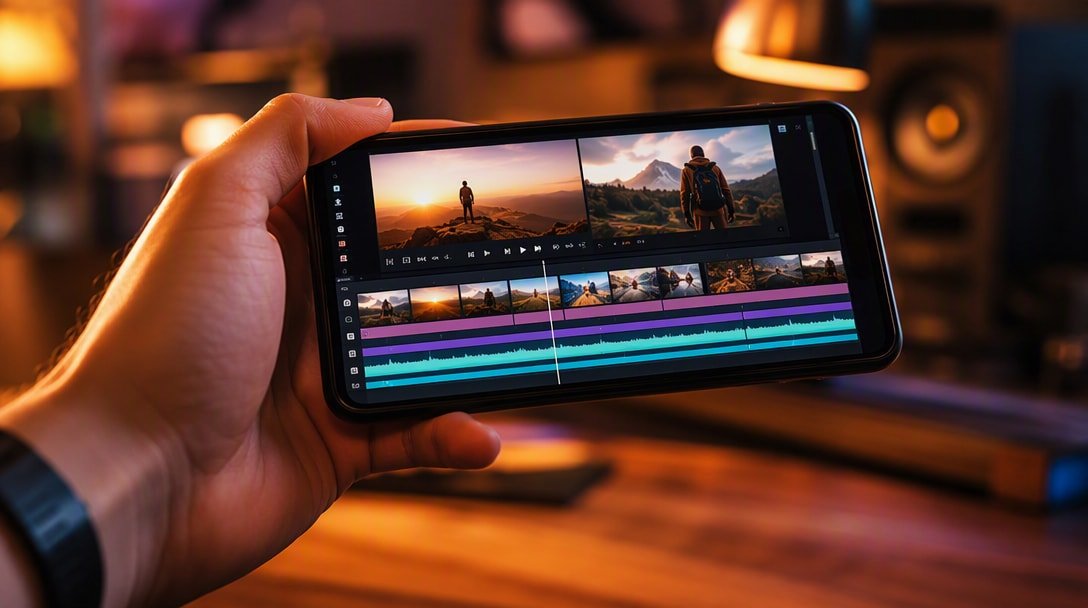 CapCut review – editing a video on a smartphone with a colorful timeline