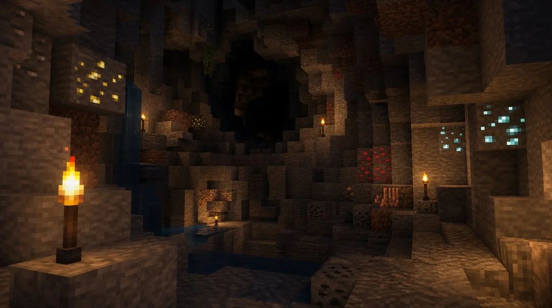 Minecraft review – exploring a cave with glowing torches