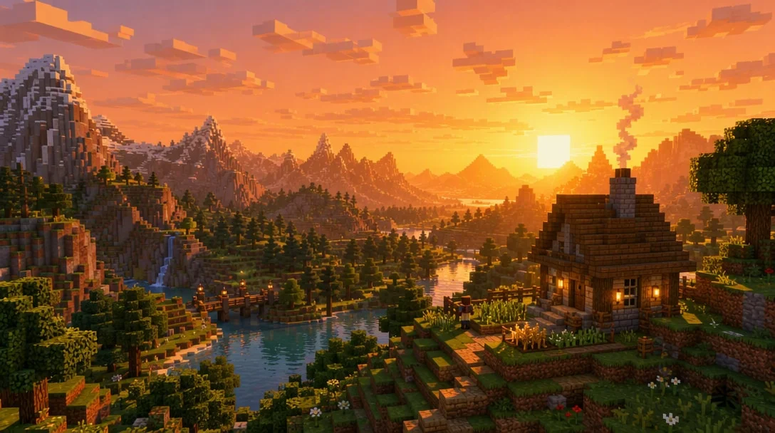 Minecraft review – a blocky landscape at sunset